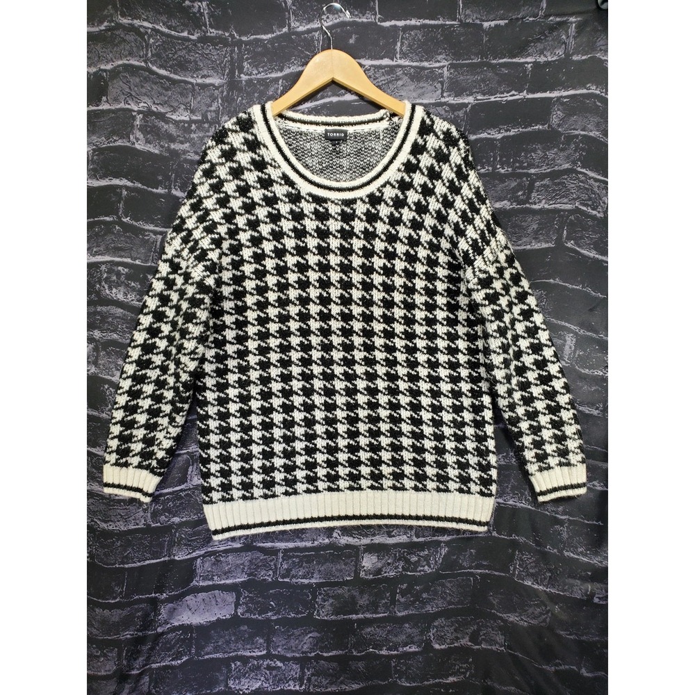 Torrid Sweater Womens 1X Black White Houndstooth Soft Cozy Preppy Academia Tunic